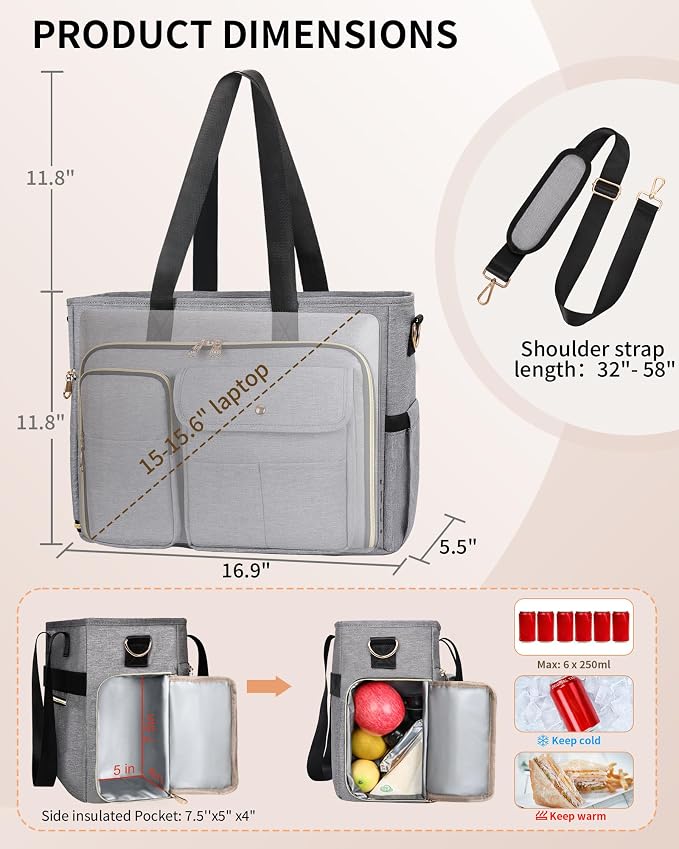 ESTARER Teacher Tote Bag Women 15.6 inch Laptop Bag for Work with Accordion File Organizer & Insulated Pocket, Professional Computer Messenger Shoulder Bag Briefcase for Office/College/Nursing (Grey) - Image 3