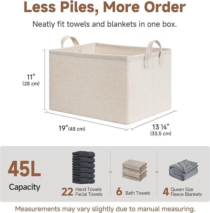 StorageWorks Linen Closet Storage Bins, 45L Storage Baskets, Beige, 2-Pack | Extra Large, With Reinforced PU Handles, Metal Frame, Collapsible Basket for Shelves, Closet, Holds Clothes, Towels, Blankets - Image 7