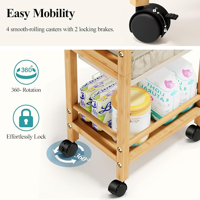 Bamboo Diaper Caddy Cart with Wheels - 3-Tier Rolling Storage，Beige | Removable bins, side pockets, sturdy handle, smooth wheels. For nursery, living room, laundry, pet. Natural bamboo, versatile - Image 4