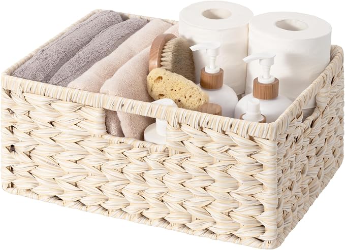 GRANNY SAYS Wicker Storage Baskets for Shelves, Waterproof Basket, 1-Pack | Plastic Wicker Baskets for Organizing, Woven Baskets for Shelves, Decorative Woven Basket for Storage, Entryway, Butter Milk by GRANNYSAYS