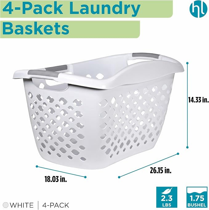 Home Logic 1.75 Bushel Plastic Laundry Basket with Hip Grip, Large Laundry Hamper with Handles, Ventilated Clothes Organizer for Bedroom Bathroom Closet, 4 Pack, White - Image 2