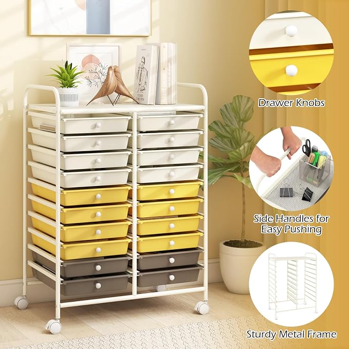 RELAX4LIFE 20 Drawer Rolling Storage Cart, Mobile Rolling Cart w/Drawers for School Classroom Teacher Office Home Salon, Paper File Art Supply Craft Organizer, Utility Cart on Wheels (Yellow) - Image 6