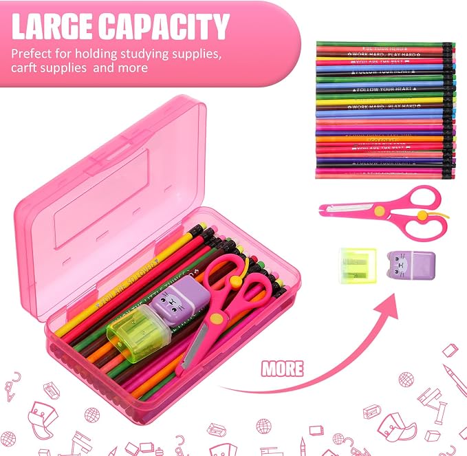 Fainne 24 Pack Clear Plastic Pencil Box,Turquoise, Purple, Pink | Stackable Organizer for School Supplies, Large Case for Crayons Markers, Snap-lid Keeps Stationery Secure, Bulk Set - Image 4