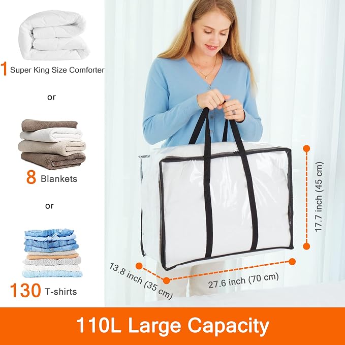 3 Pack Clear Storage Bags 110L Over-Sized Clothes Bags with Double Zippers Sturdy Handles Tote Moving Bags for Duvet, Comforters and Blankets Organizer | Plastic Storage Bag, Foldable Closet Organizer, For Comforter Blanket Bedding Duvet Toys, Moving Bags - Image 2