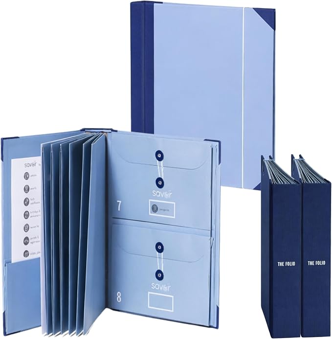 The Folio® Important Document Organizer by Savor | Binder with Guided Labels, Acid-Free File Folder Organizer with 10 Pockets, Document Holder for Home Records, Legal and Medical Papers (Blue) 2 Set by Savor