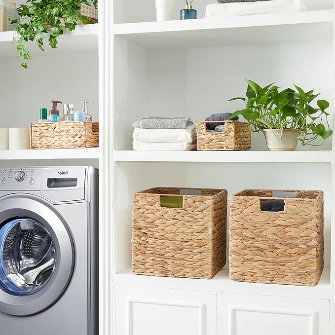 Storage Basket, Set of 2 Hand-woven Water Hyacinth Storage Baskets, Foldable Wicker Storage Basket 13 Inch Cube Storage Bins for Shelves Organizer Square Shelf Baskets, 13''x13''x13'' - Image 2