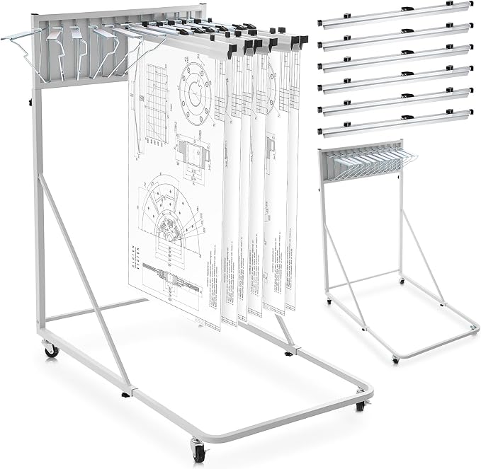 Estune Mobile Blueprint Holder Rack, Adjustable Mobile Blueprint Holder with 6 24 in Hanging Clamps 4 Wheels Poster Display Rack Storage Organizer Stand for File Display Plan Office Home(Silver) by Estune