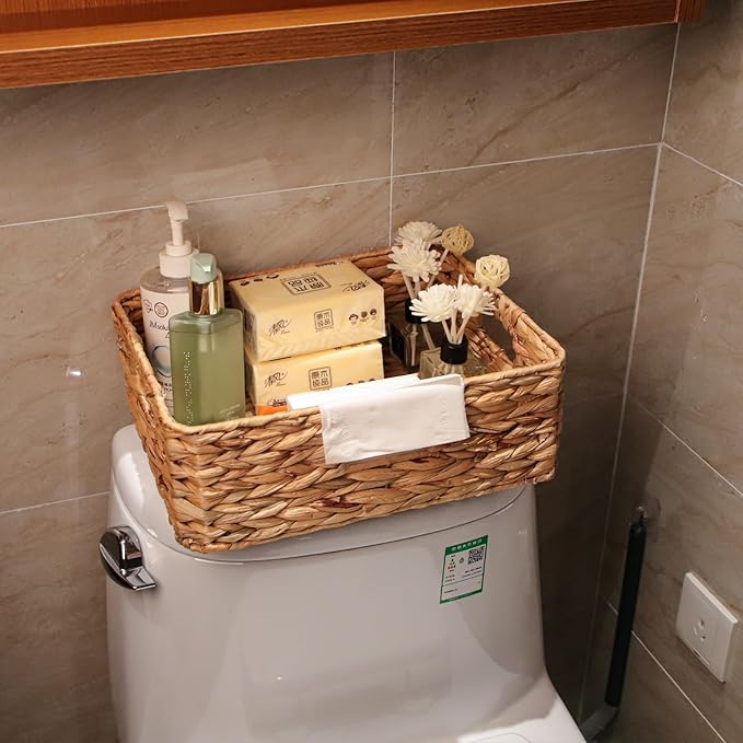 Rectangular Water Hyacinth Storage Baskets, Wicker Woven Shelves Baskets | Three-sided handle design,Handwoven from natural water hyacinth, For the living room, bedroom, storage room, and vanity - Image 5
