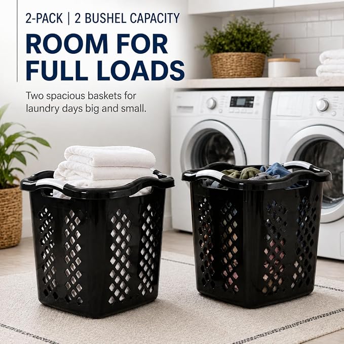 Laundry Basket 2 Pack 2 Bushel Plastic with Handles Black | Durable Plastic with Space-Saving Shape – Fits closets and on top of machines. Also organizes toys, balls, and sports gear. - Image 7