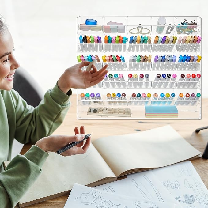 MotiMind Acrylic Pen and Marker Organizer for 300 Markers | 21 Compartments, Vertical Marker Pencil Organizer, Acrylic Pen Display Holder, Art Supply Storage for Desk Stationery, Clear - Image 6