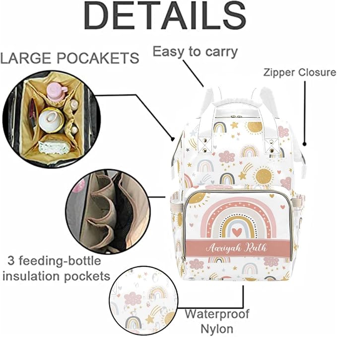 Custom Baby Diaper Bags with Name, Rainbow Personalized Diaper Bag Backpack Mommy Bag Diaper Nappy Bags Casual Daypack Travel Shoulder Bag for Mom Dad Multi Color - Image 5