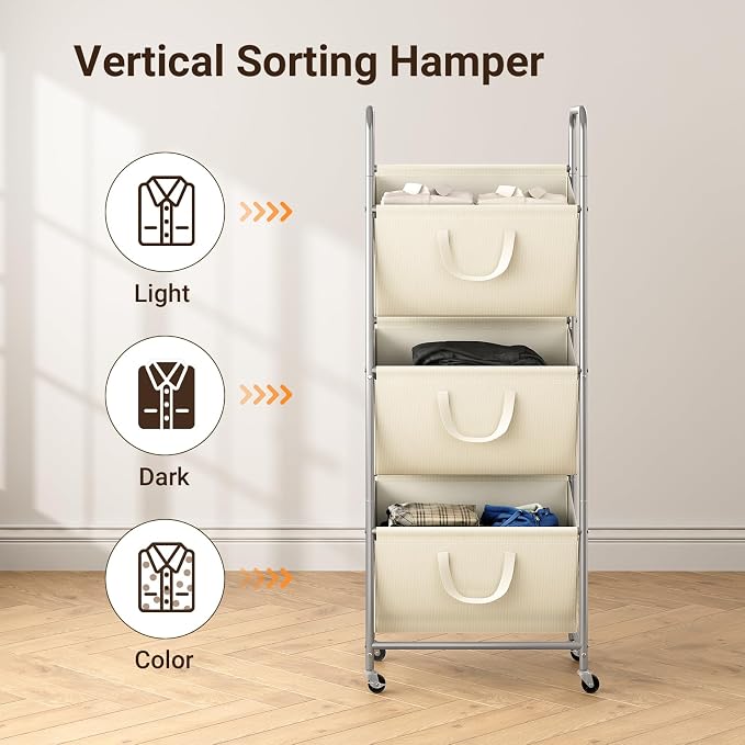 ELYKEN 3-Tier Vertical Rolling Laundry Hamper with Wheels & Removable Bags | 120L Capacity, Space-Saving Design, Locking Casters, 3 Section Laundry Sorter for Apartments, Small Spaces, Closet, Dorm - Image 5