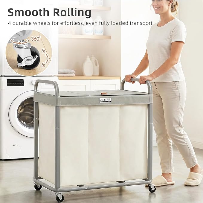 STORAGE MANIAC Laundry Hamper 3 Section with Lid Rolling Laundry Basket | 230L Laundry Sorter Cart 3 Compartment Clothes Hamper on Wheels Metal Handle Oxford Removable Bag Laundry Room Bedroom Beige - Image 2