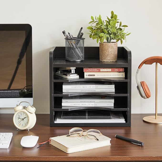 YMYNY Desktop File Organizer with Handle, Document Letter Mail Tray Sorter with 3 Adjustable Shelves, 5 Tiers Paper Holder for School Home Office Desk,Black,13.4 * 12.4 * 9.06" UHBC006B - Image 2