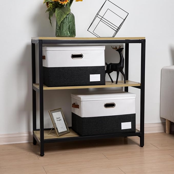 Foldable Storage Bins with Lids [3-Pack] Fabric Collapsible Storage Boxes Baskets Cubes Containers with Handles for Closet Living Room Bedroom (Black & White 17.7x11.8x11.8'') - Image 3