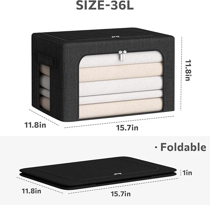 CYhom 3Pack Foldable Storage Bins - Frame Storage Box Linen Fabric Stackable Clothes Container Organizer with Clear Window & Carry Handles Large Capacity (Medium-36L, Black) - Image 5