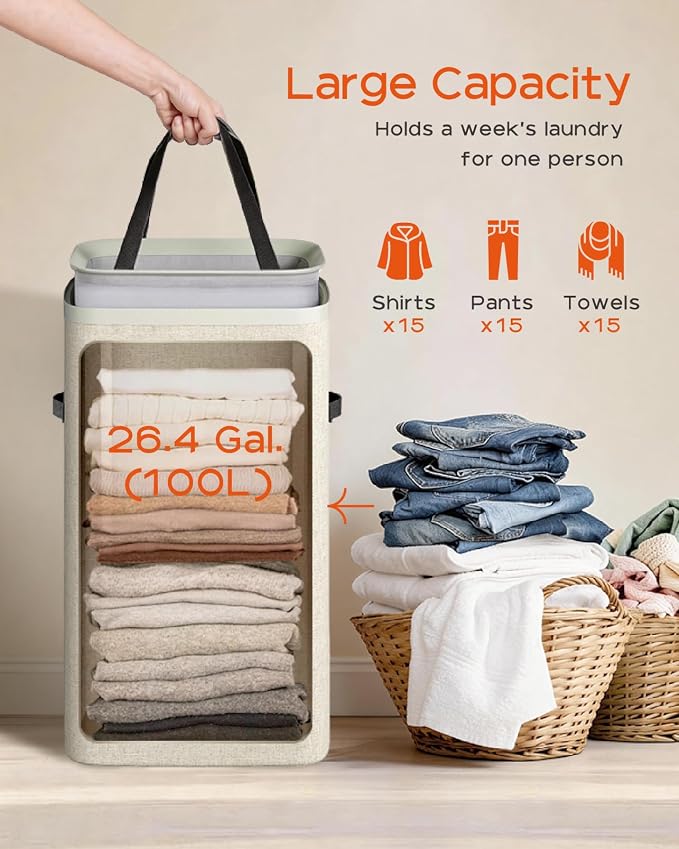 CASAMAYA Laundry Basket with Lid, Laundry Hamper 100L, collapsible Laundry Organizer, Easy Assembly, with Handles and Removable Liners, 16.5 x 12.6 x 29.5 Inches, Beige JSP902M - Image 3