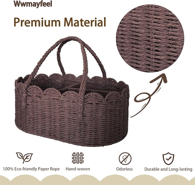 Diaper Caddy Organizer, Paper Rope Storage Baskets Nursery Bin with Removable Divider, Portable Car Organizer for Diapers, Baby Shower Gifts, Newborn Essentials Must Haves (Dark Brown) - Image 2