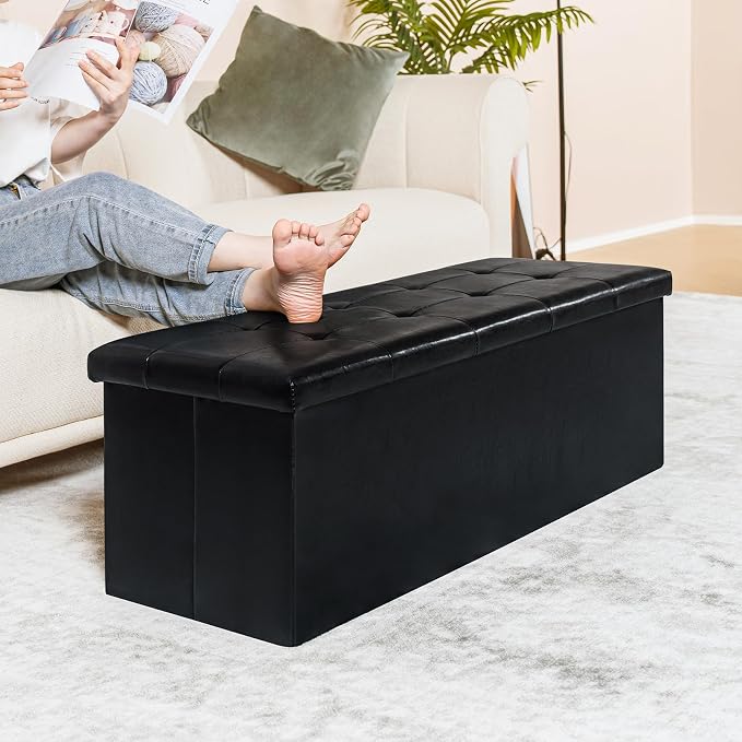 PINPLUS Folding Storage Ottoman Bench, Black Faux Leather Long Ottoman Chest, Footrest Seat, Blanket Storage for Living Room Bedroom Office Hallway, 43.3"x15"x15" - Image 2
