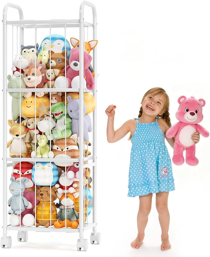 Stuffed Animal Storage Organizer with Wheels for Nursery Playroom | 53.5"x18.1"x13", holds 50+ plushies, sturdy metal frame, 4 casters with 2 brakes, wall anchor included, rounded corners by Oneyus