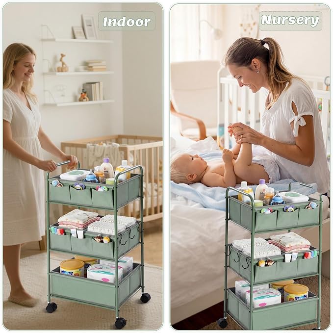 WILLBOND 3 Tier Green Baby Diaper Caddy Organizer Cart with 4+3 Dividers Large Capacity Metal Utility Bedside Rolling Cart Newborn Registry Nursery Essential Must Have Crib Bedroom Baby Shower - Image 4