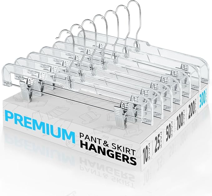 HOUSE DAY Heavy Duty Clear Pants Hangers 300 Pack, 14'' Skirt Hangers | No-Mark Clip Hangers with Stronger Grip, Adjustable Clips for Jeans, Pants, Skirts and Shorts, Bulk Retail, Boutique Hangers by HOUSEDAY