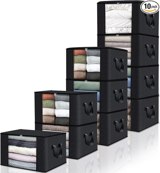 10 Pack Storage Bags for Clothes Blanket Storage Bins with Lids | Foldable Closet Organizers with Zippers,Window and Handles,Fabric Storage Bins for Sweater,Comforter,Bedding,Dorm essentials by Fabtotes