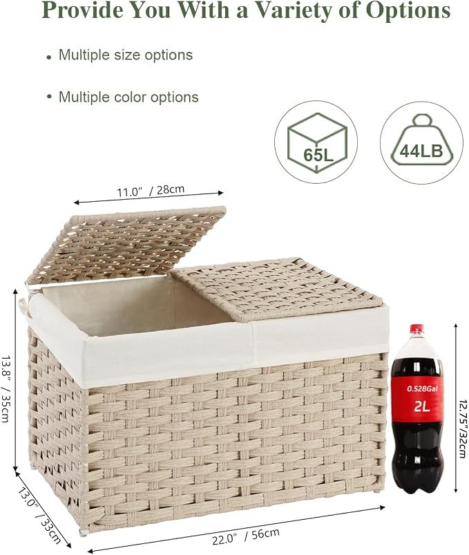SETVSON Storage Basket with Lid, PE Rattan Storage Bin Light Khaki | Decorative PE Rattan Furniture Look for Bedroom, 2 Separate Lids, 2 Liners with Divider for Apparel & Essentials - Image 2