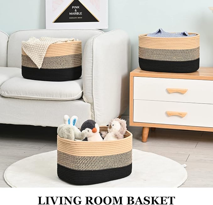 Cotton Rope Storage Baskets for Organizing 3Pack 15"x10"x9" Woven Baskets for Storage,Shelf Baskets Cube Storage Bins Towel Baskets,Toys Baskets Nursery Basket Laundry Baskets(Black/Brown) - Image 7