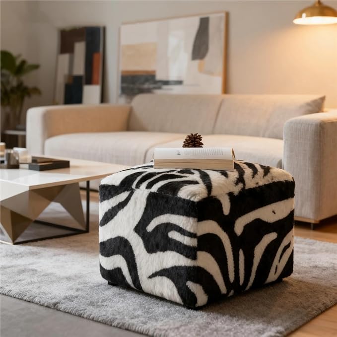 Square Faux Fur Pouf Ottoman Cover Footstool (No Filler) Indoor Beanbag Puff Footrest Footstool Washable Storage Bean Bag Chair Floor Pouf Covers Casual Bedroom(Zebra) by Unknown