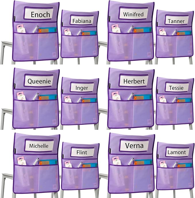 Chairback Buddy Pocket Chart Back of Chair Organizer for Classroom with Name Tag Pocket (PURPLE-12 PACK) by ANZORG