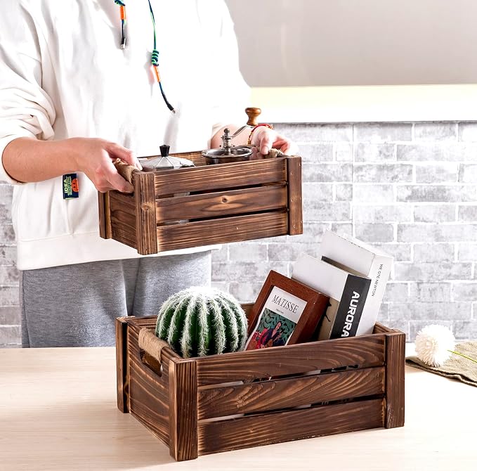 TIMRIS Set of 3 Rustic Wood Nesting Crates, Farmhouse Wooden Storage Container Boxes with Cutout Handles, Decorative Wooden Baskets for Display (Rustic Brown) - Image 3