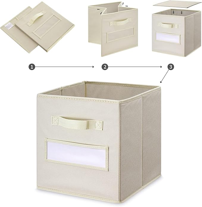 13x13x13 storage cube bins (Set of 10) Fabric storage cubes with 10 Labels Window Cards & a Pen, storage cubes 13x13, Collapsible 13 inch cube storage bins, Cubby Organizer Boxes, Beige - Image 4
