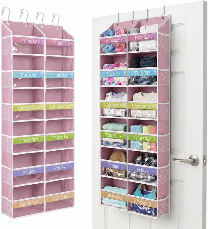 Housables Weekly Clothes Organizer for Kids, Kids Closet, 12 Shelf, Pink | Houseables Days of the Week Clothes Organizer, Daily Outfit Storage, Monday to Friday Clothing, Weekday, School, Door Hanging by Houseables