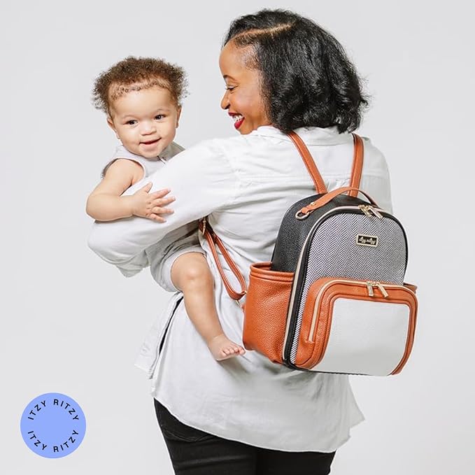 Itzy Ritzy Mini Diaper Bag Backpack 10 Pockets Changing Pad, Coffee & Cream | Chic Mini Plus Diaper Bag with 2 Insulated Bottle Pockets, Key Lanyard, Wipeable Changing Pad, Grab-Top Handle & Rubber Feet - Image 8