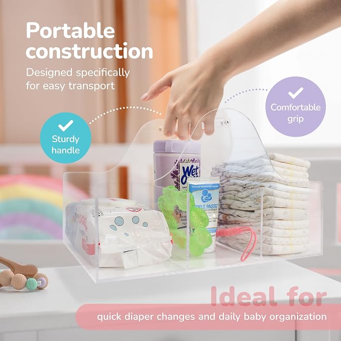 Acrylic Diaper Caddy Organizer - Stylish Portable Nursery Storage Basket with Handle & 3 Spacious Compartments - Perfect for Diapers, Wipes, Creams - Baby Shower & Nursery Must Haves - Image 4