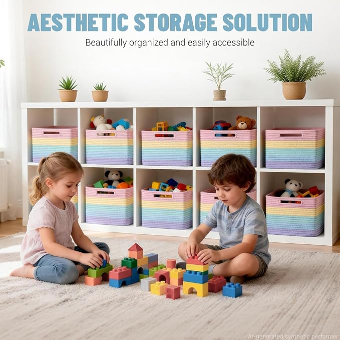 5 Pack Woven Storage Baskets, Decorative Storage Bins for Organizing | 13.8'' × 9.8'' × 7.9'', Cute Cotton Rope Basket Organizer for Closet, Shelves, bathroom, Nursery, Toys, Books, Rainbow - Image 2
