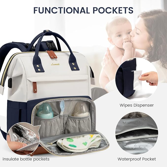 LOVEVOOK Diaper Bag Backpack, Baby Bag with Changing Station, Large Diaper Backpack for Mom Dads, Waterproof Leather Mommy Bag for Boy and Girl, Travel Essential Baby Shower, Navy Blue-Beige - Image 3