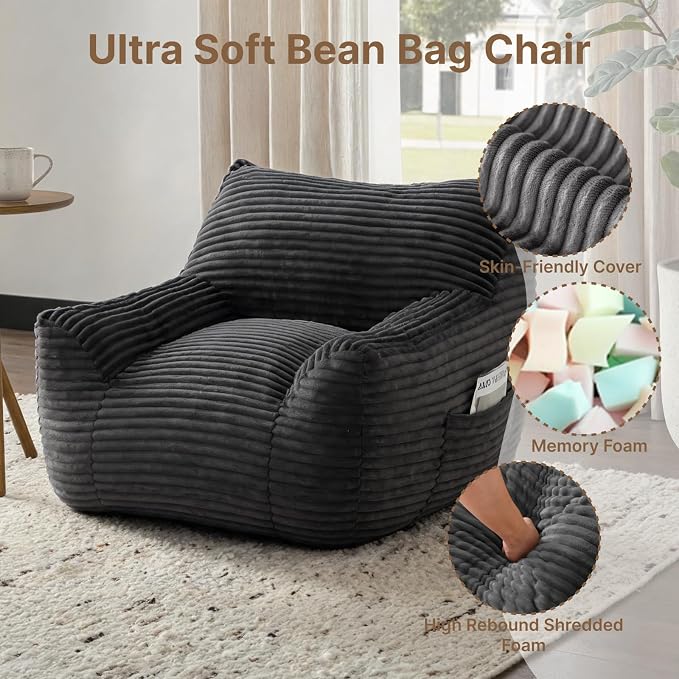 Bean Bag Chair for Adults & Kids, Giant Bean Bag Sofa with Side Pocket, Corduroy Beanbag Chair with Armrests, Comfy Stuffed Floor Sofa for Living Room Bedroom Dorm, Gray - Image 4