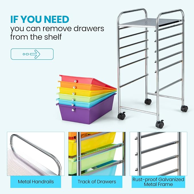Giantex 6 Storage Drawer Cart Rolling Organizer Cart for Tools Scrapbook Paper Home Office School Multipurpose Mobile Utility Cart (Tomato, Orange, Light Green, Turquoise, Purple) - Image 7