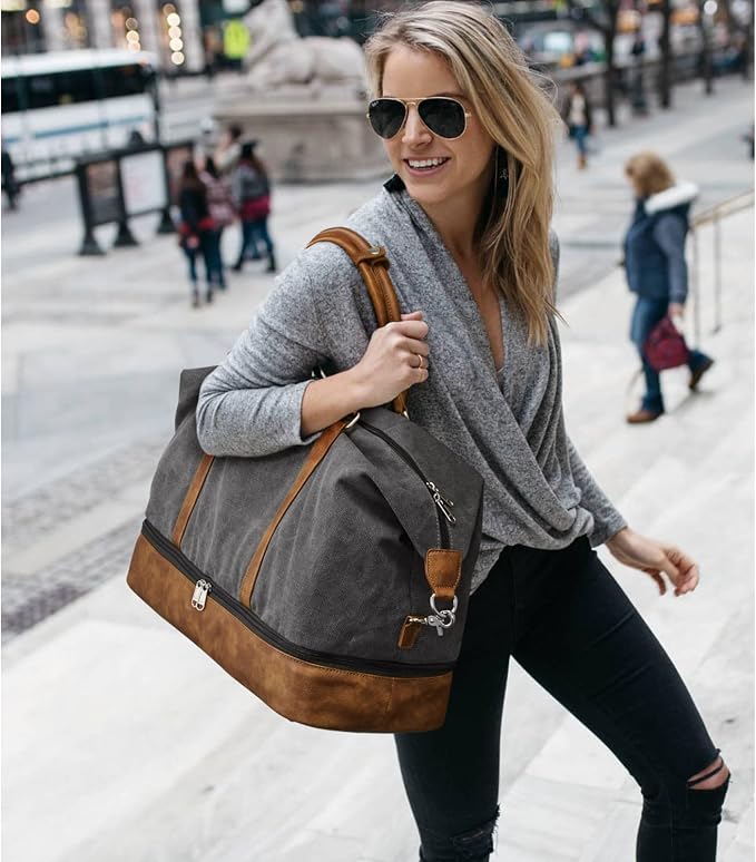 S-ZONE Weekender Bags for Women and Men Travel Duffel Bags with Shoe Compartment Overnight Carry on Duffle Tote Bag | Soft Canvas and Leather Trim, with Toiletries Bag,Carry-on Size,Trolley Sleeve,Adjustable Shoulder Strap,Shoe Compartment - Image 2