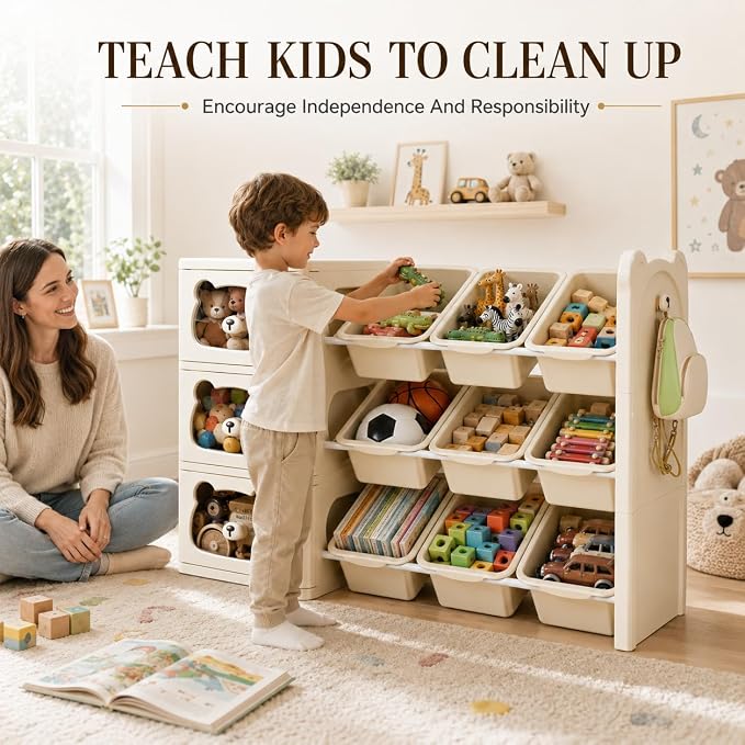 Toy Storage Organizer and Bookshelf, Large 4 Tier Book Shelf W/10 Toy Bins and 4 Drawers, Cute Bear Toy Organizers Box Bookcase for Nursery, Playroom, Bedroom, Kindergarten - Image 5