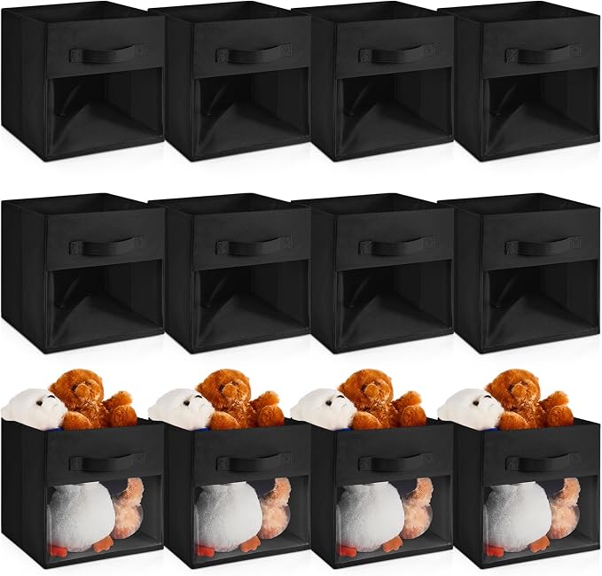 Marsui 12 Pcs Clear Cube Storage Bins Black Collapsible Kids Storage Bins Fabric Classroom Organizer with Window for Kid Playroom Room Daycare Nursery by Marsui