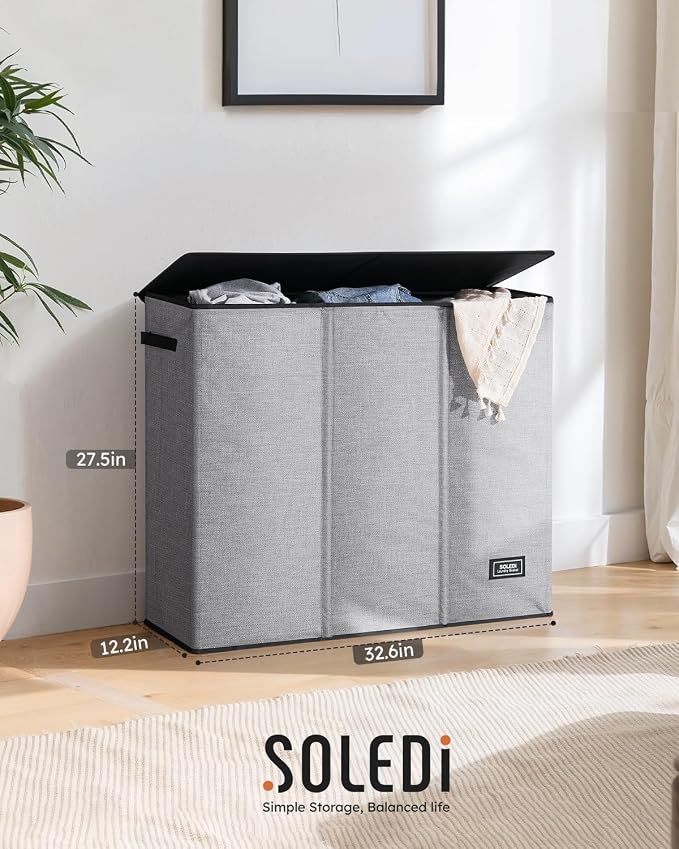 SOLEDI Large Laundry hamper 3 Section with Laundry Bag, XL Clothes Basket | 3-Section Large capacity Laundry Sorter with Odor-Blocking Lid, Robust Iron Frame & Waterproof 600D Fabric, 3 Washable Bags - Image 7