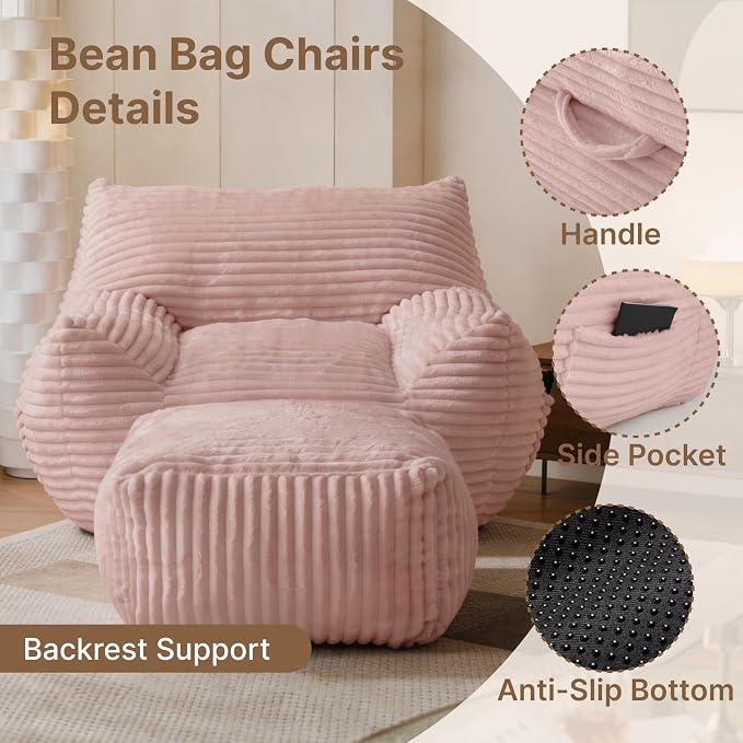 Oversized Bean Bag Chair with Ottoman, Bean Bag Couch with 2 Side Pockets, Corduroy Boneless Couch Chair in a Box, Comfy Lounge Chair for Living Room, Bedroom, Dorm, Pink - Image 3
