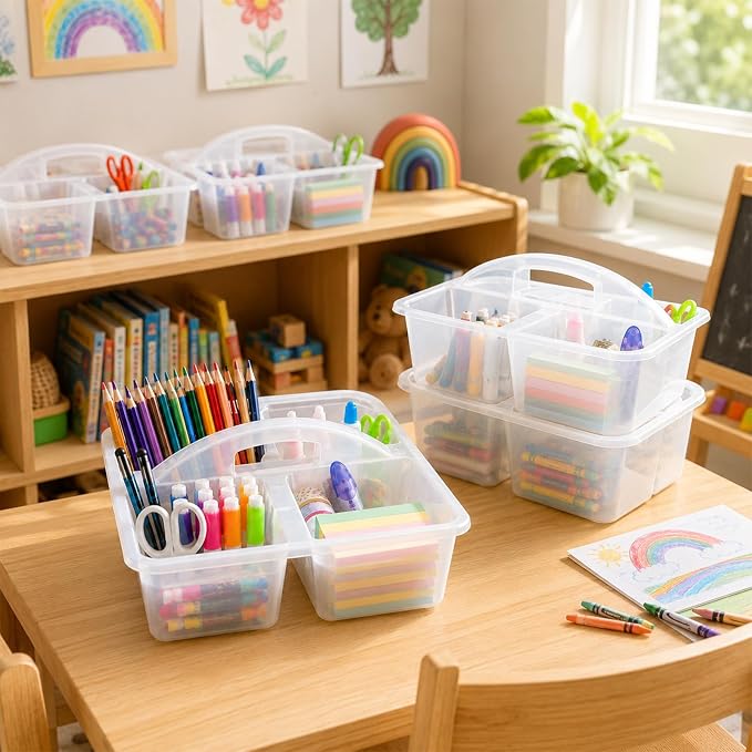 6 Pack Assorted Colors Classrooms Caddy 4 Compartment Classroom Caddy Compartment Caddies Set Table Caddies Classrooms with Handle for Classroom Organization Table Desk Office Supplies(clear) - Image 6
