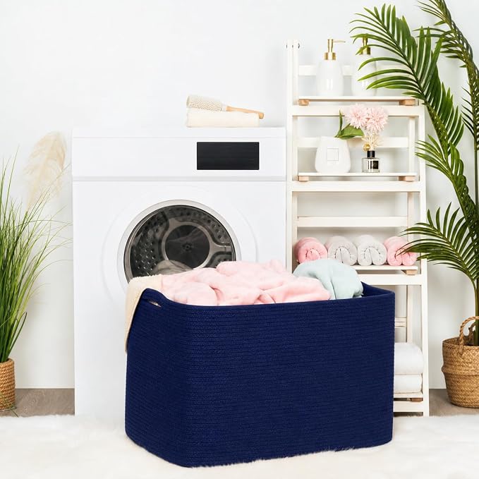 112L Extra Large Blanket Basket Holder Living Room, 25"x17"x16" Rectangle Rope Woven Storage Basket with Handles for Laundry, Towels, Shoes, Dog Toy Organizer Bin Box, Full Navy - Image 5