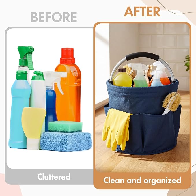 LemonRoad 4 Pack Cleaning Caddy with Handle 17L Foldable Cleaning Supplies Organizer Oxford Cloth Storage Basket with 6 Pockets Portable Multi Bucket Bag for Home Garden(Black,Gray,Navy Blue,Green) - Image 5