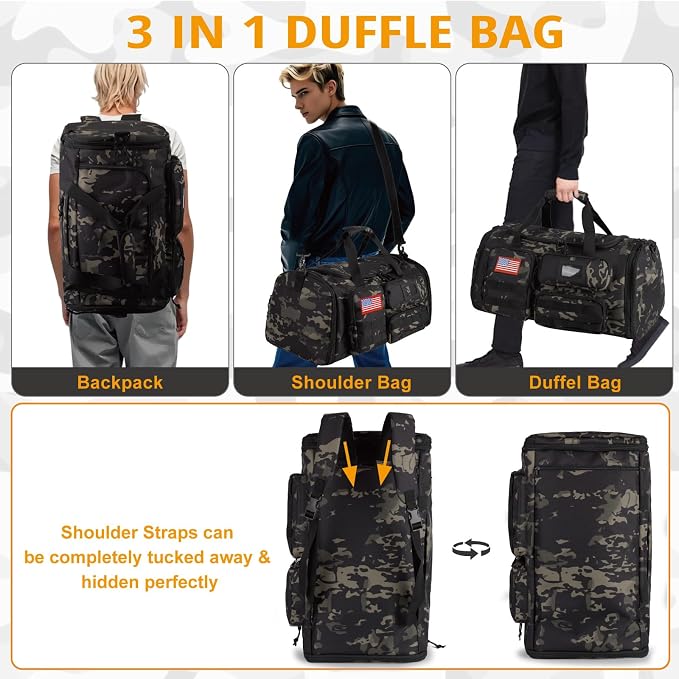 Expandable Gym Bag for Men,Tactical Large 3-in-1 Travel Duffle Backpack Bag | Water-Resistant Sports Bag With Shoes Compartment,Multi-Functional Travel Duffel Bag For Weekend, Overnight, Workout,Camping - Image 6