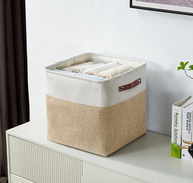 DECOMOMO Cube Storage Bin 12x12, Fabric Storage Bins | 4 Pack, Storage Baskets for Shelves, Kallax Storage Cubes (Beige & White) - Image 2